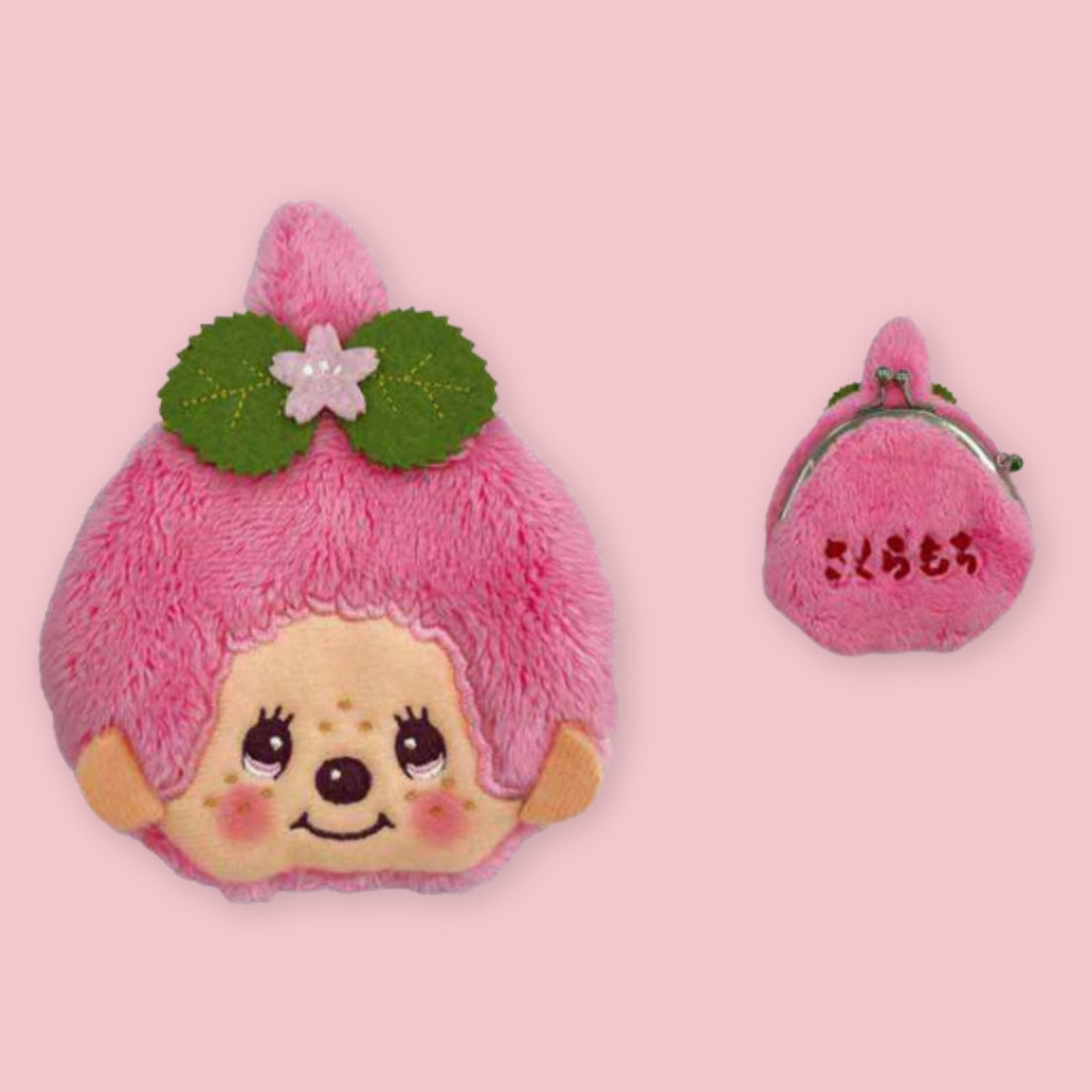 Monchhichi-chan Sakura Mochi coin purse showing front and back views on a pink background