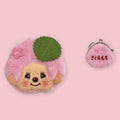 Monchhichi Sakura Mochi coin purse showing front and back views on a pink background