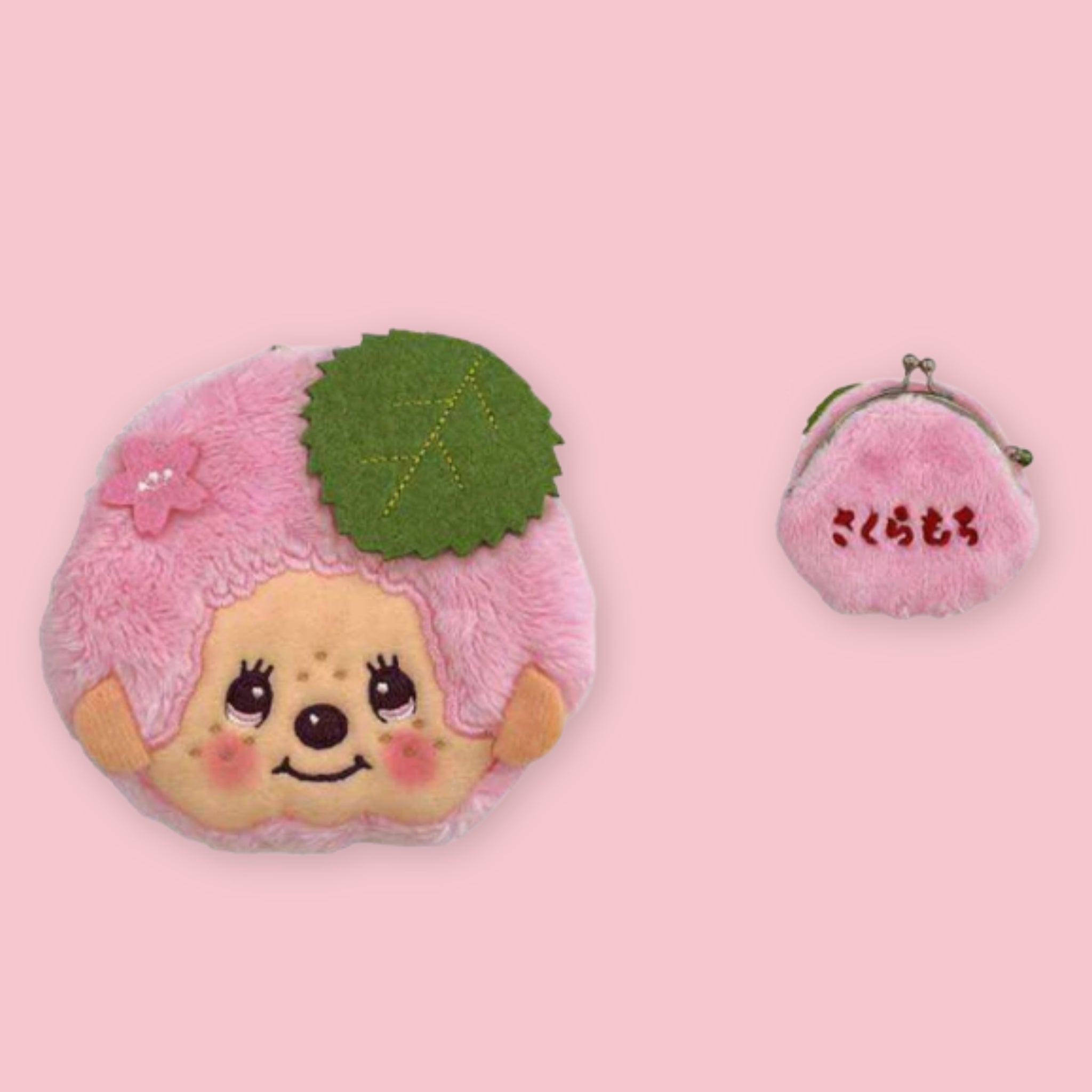 Monchhichi Sakura Mochi coin purse showing front and back views on a pink background