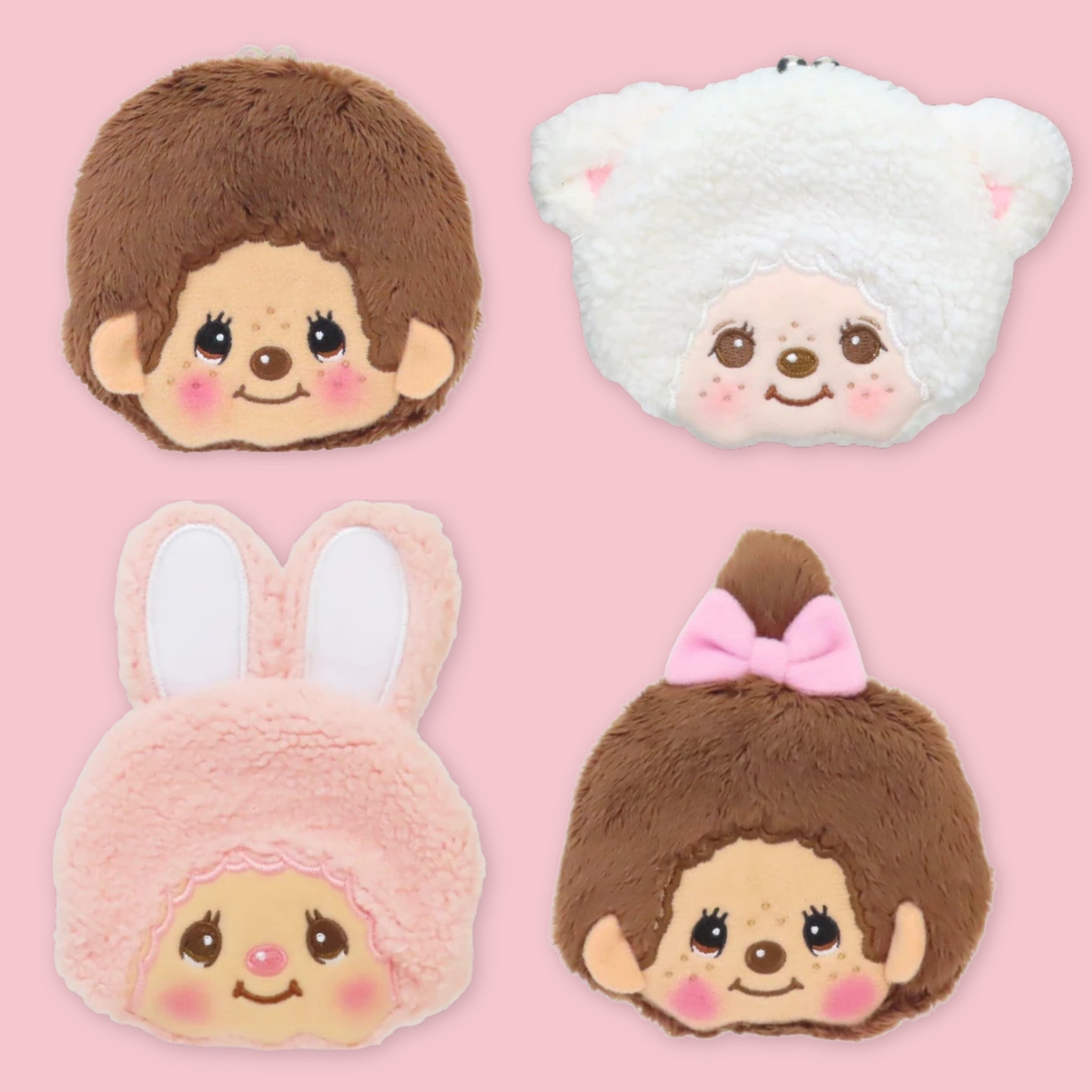 Monchhichi plush face pouches in brown, white sheep, pink bunny, and brown bow styles on a pink background.