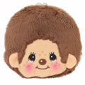 Monchhichi plush coin purse with brown fur, smiling face, and rosy cheeks on a white background.