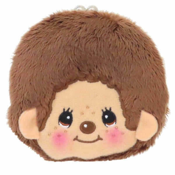 Monchhichi plush coin purse with brown fur, smiling face, and rosy cheeks on a white background.