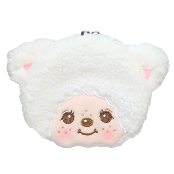 Monchhichi sheep plush coin purse with white fluffy fur, pink inner ears, smiling face, and metal clasp on a white background.
