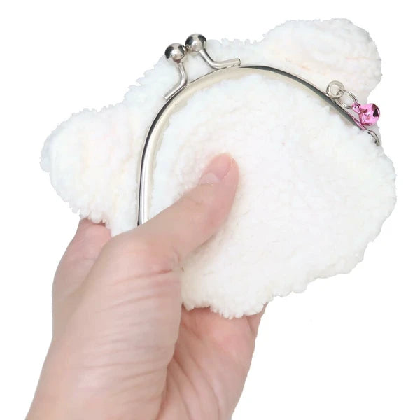 Monchhichi plush coin purse shown from the back, with white fur, silver clasp, and pink charm on a white background.
