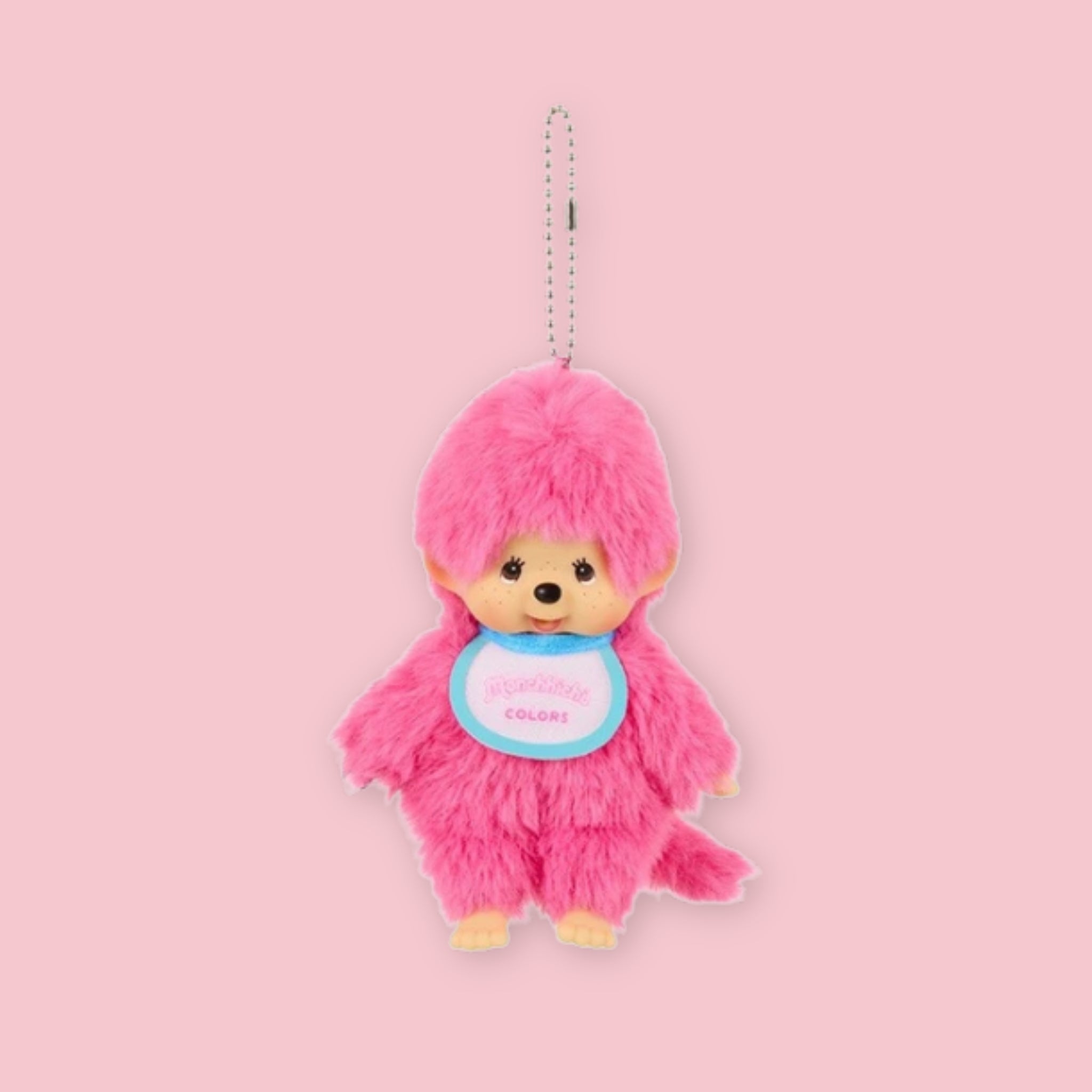 Sekiguchi Monchhichi Colors berry pink plush keychain with ball chain and bib, 13.5cm