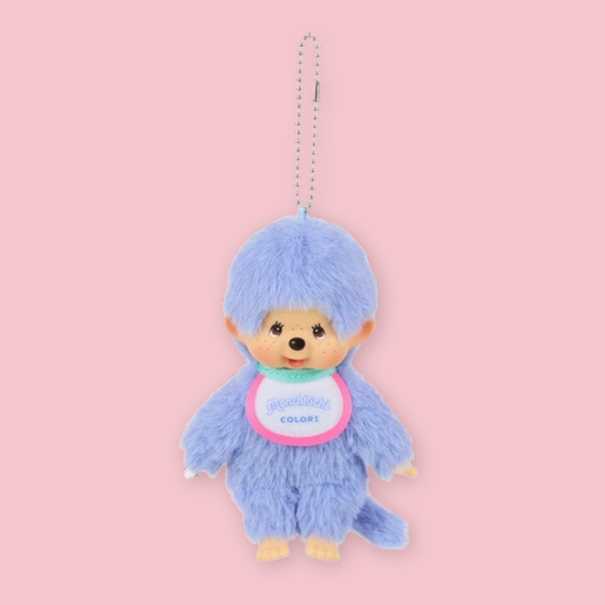 Sekiguchi Monchhichi Colors blue plush keychain with ball chain and bib, 13.5cm