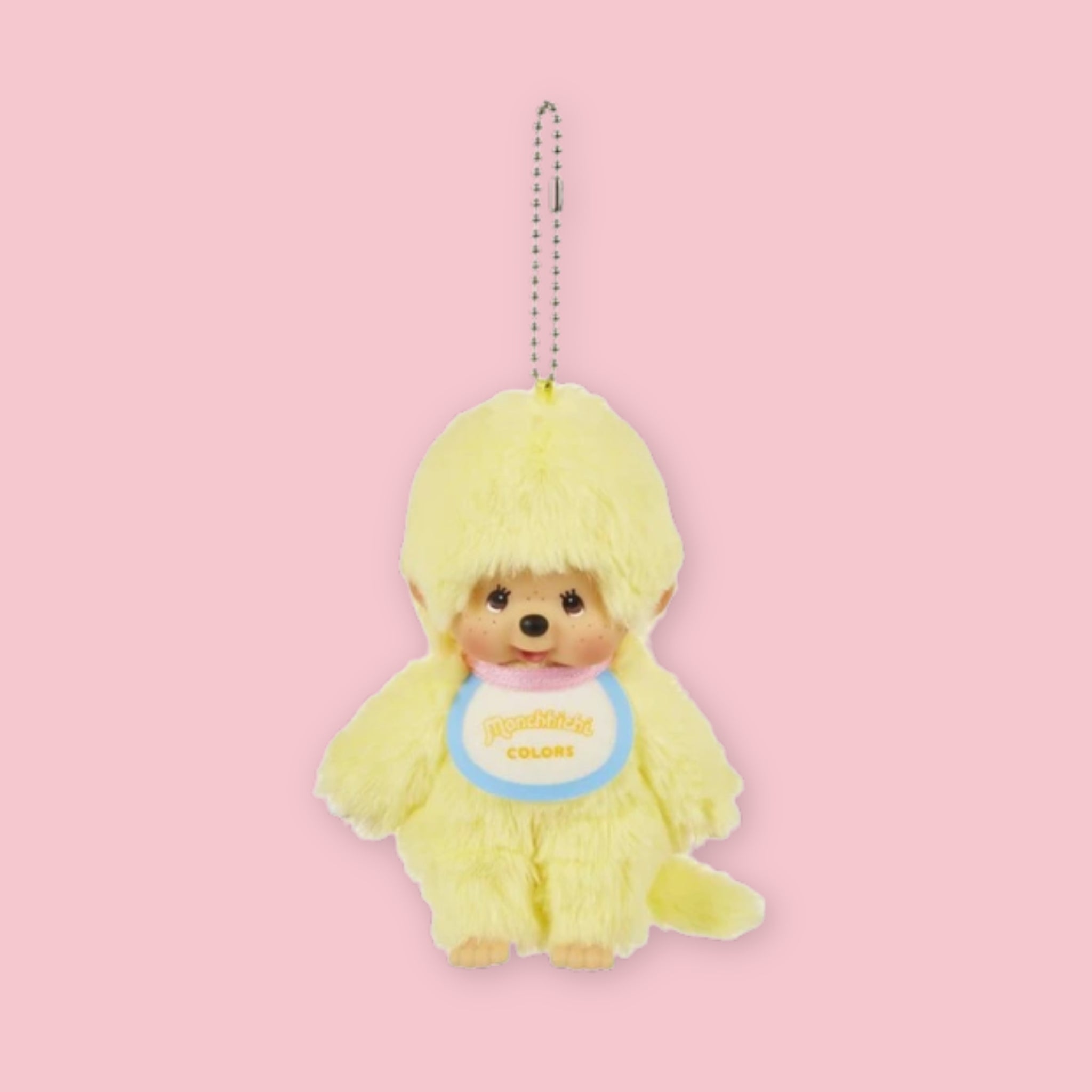 Sekiguchi Monchhichi Colors butter yellow plush keychain with ball chain and bib, 13.5cm