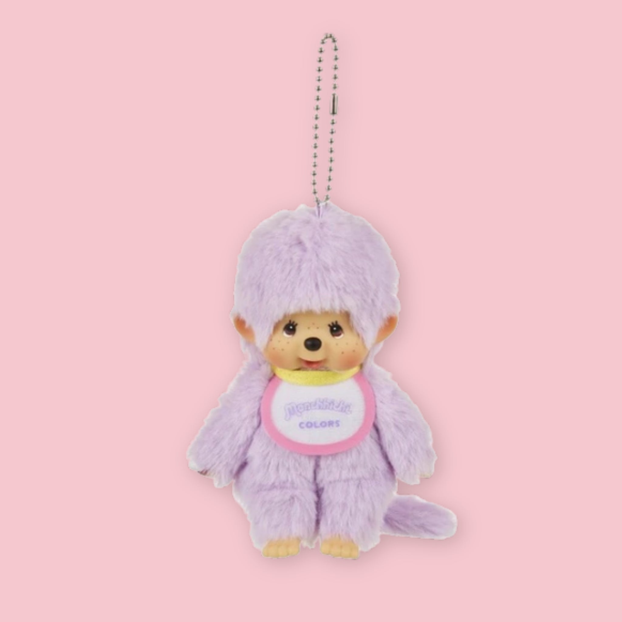 Sekiguchi Monchhichi Colors lavender plush keychain with ball chain and bib, 13.5cm