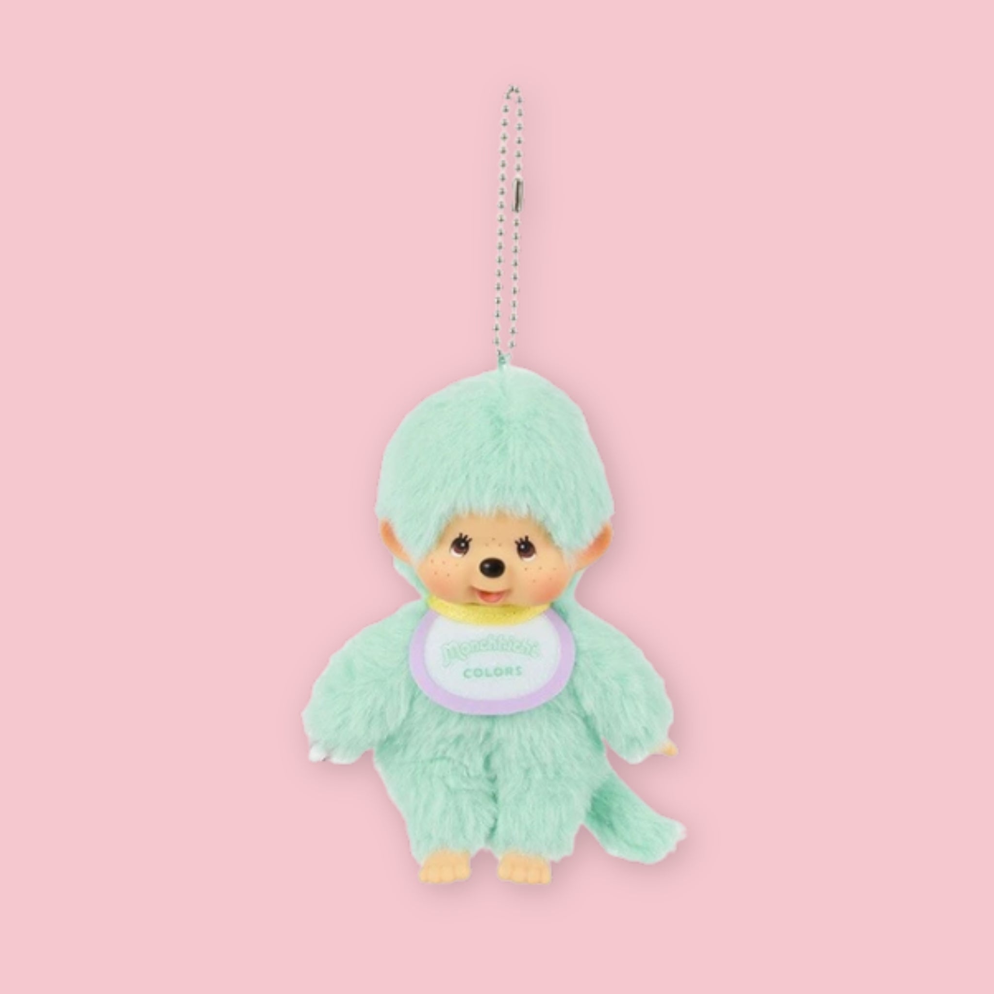 Sekiguchi Monchhichi Colors mint green plush keychain with ball chain and bib, 13.5cm