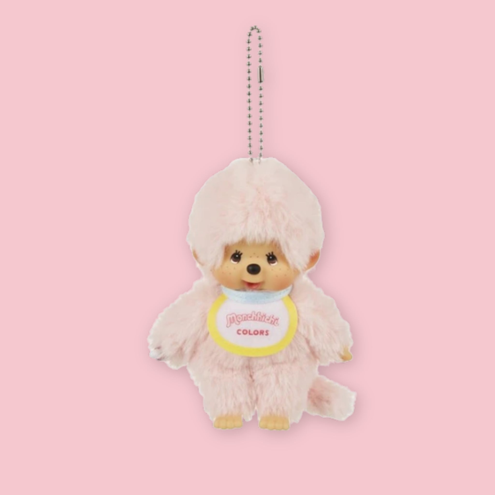 Sekiguchi Monchhichi Colors pale pink plush keychain with ball chain and bib, 13.5cm