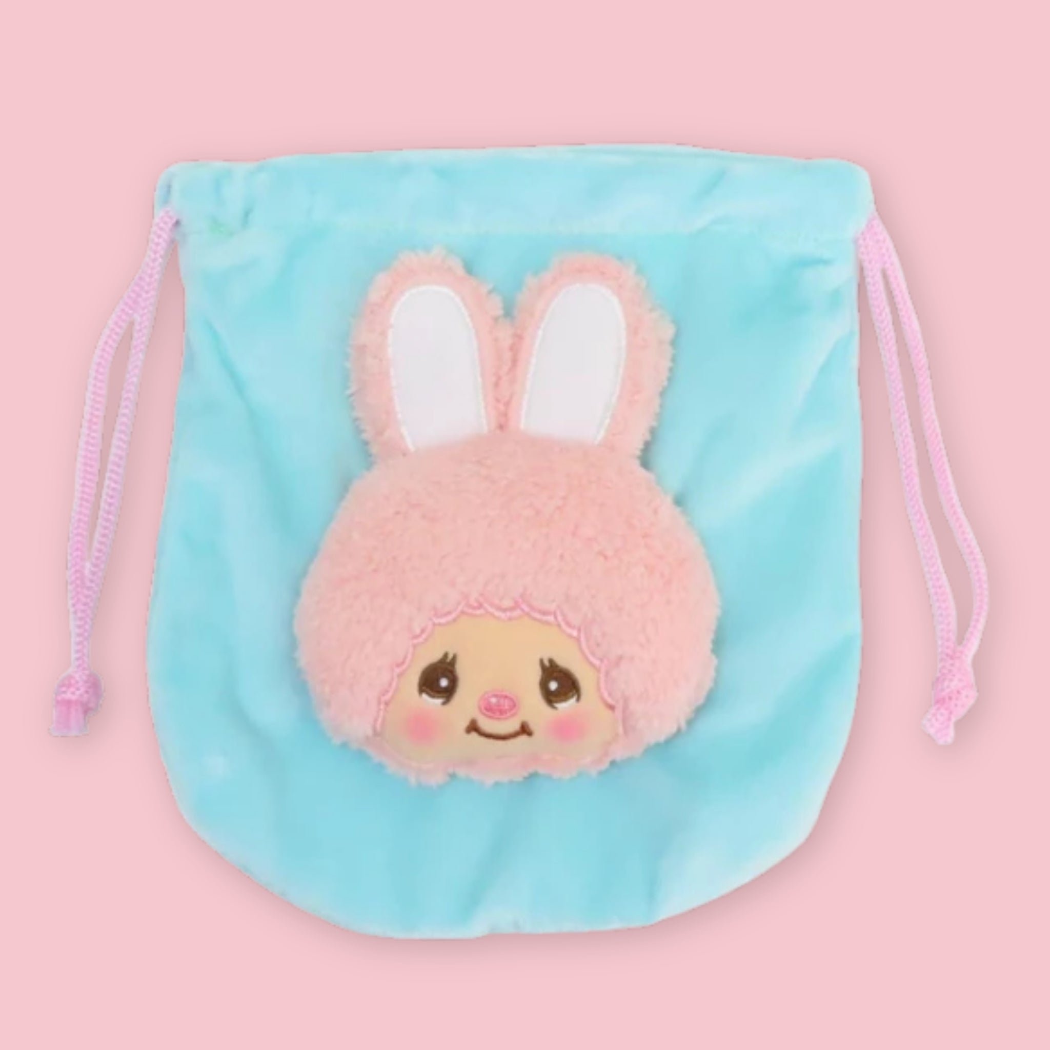 Monchhichi plush drawstring pouch in light blue, with a pink bunny hood face on the front.