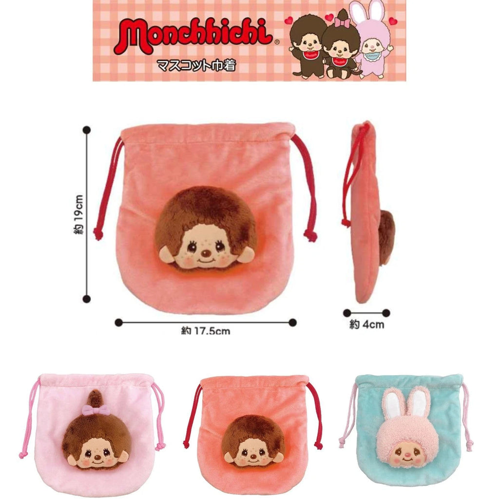 Monchhichi plush drawstring pouches in peach, pink, and blue, shown with size measurements and color options.