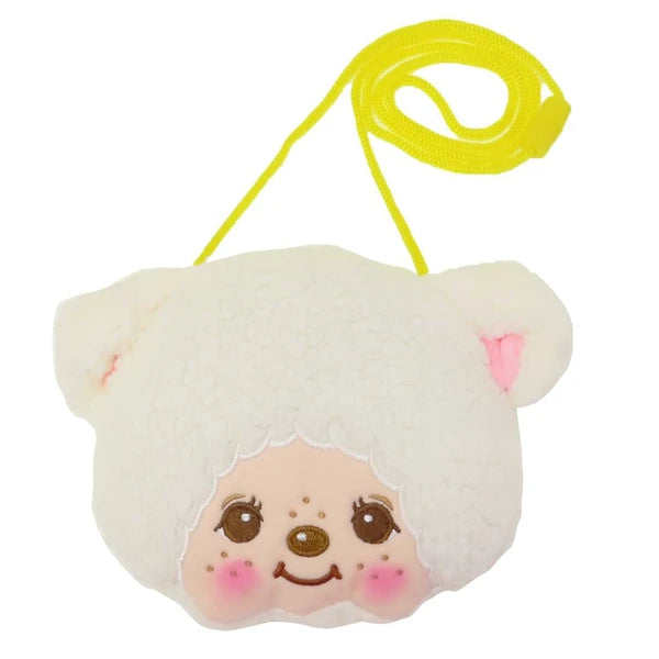 Monchhichi sheep neck pouch in white plush, with a bright yellow strap and embroidered face.