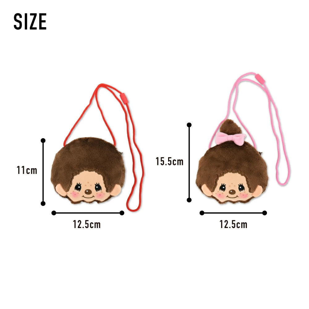 Two Monchhichi plush neck pouches, one with a red shoulder cord and one with a pink shoulder cord and bow, shown with size measurements on a white background.