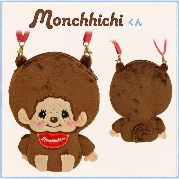 Monchhichi plush crossbody pouch shown from front and back, with red shoulder strap and soft brown fabric.