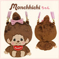 Monchhichi-chan plush crossbody pouch shown from front and back, with pink shoulder strap and soft brown fabric.