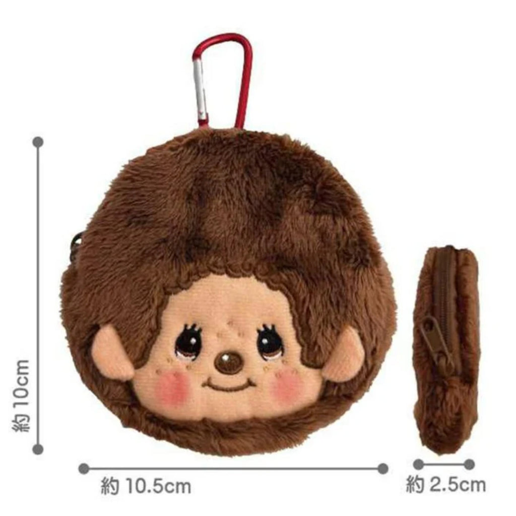 Monchhichi-kun mini pouch with red carabiner clip, shown from front and side to display its round shape and zippered opening, with dimensions labeled approximately 10.5cm wide, 10cm tall, and 2.5cm deep