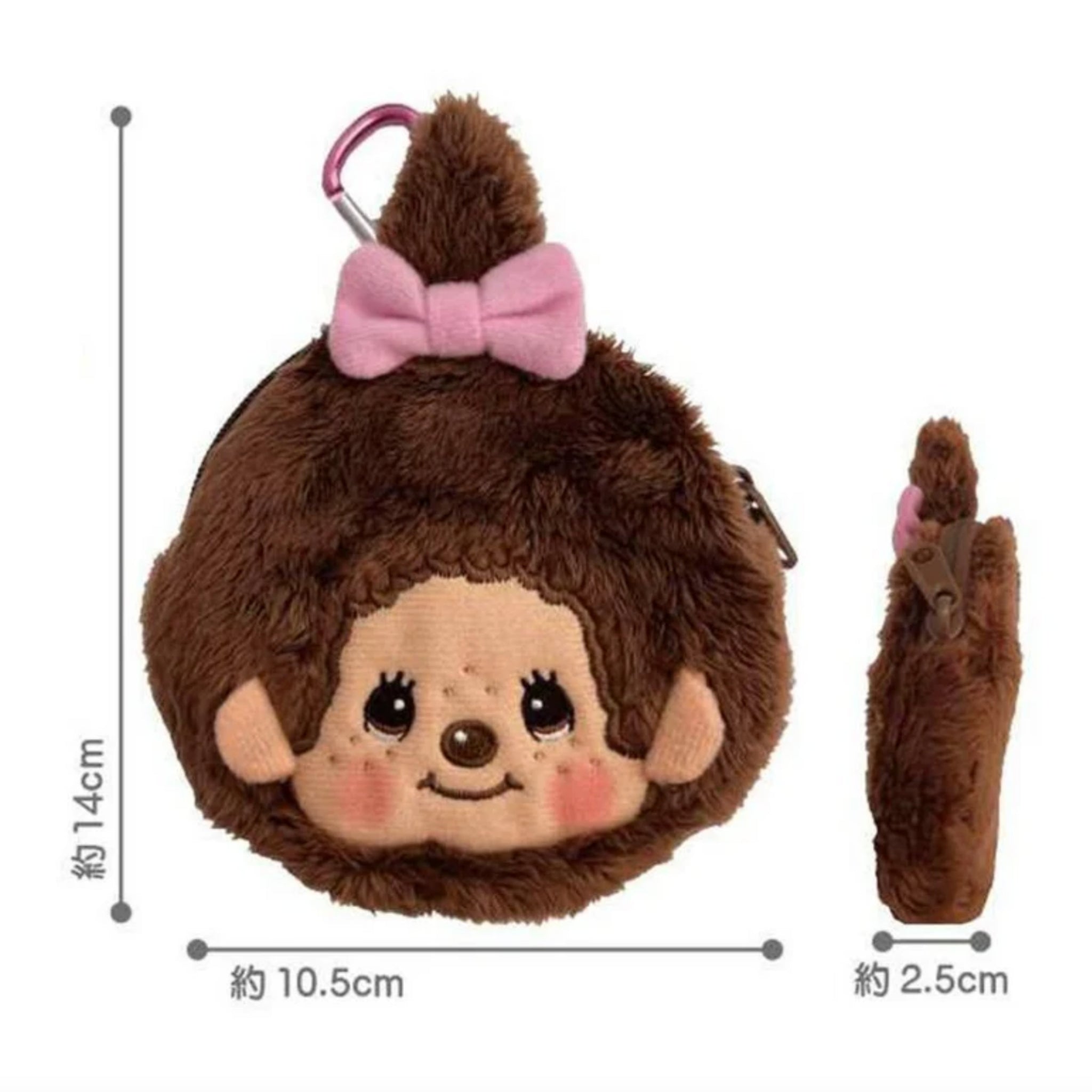 Monchhichi-chan mini pouch with pink bow and carabiner clip, shown from front and side to display its round shape and zippered opening, with dimensions labeled approximately 10.5cm wide, 14cm tall, and 2.5cm deep