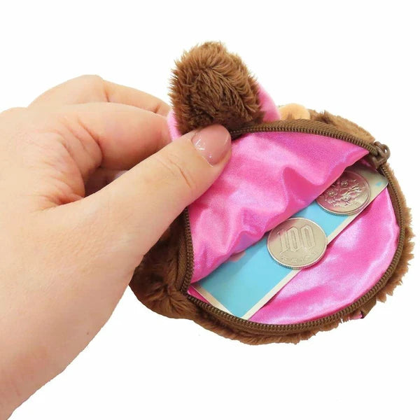 Hand holding a brown plush coin purse with coins and cards inside on a white background