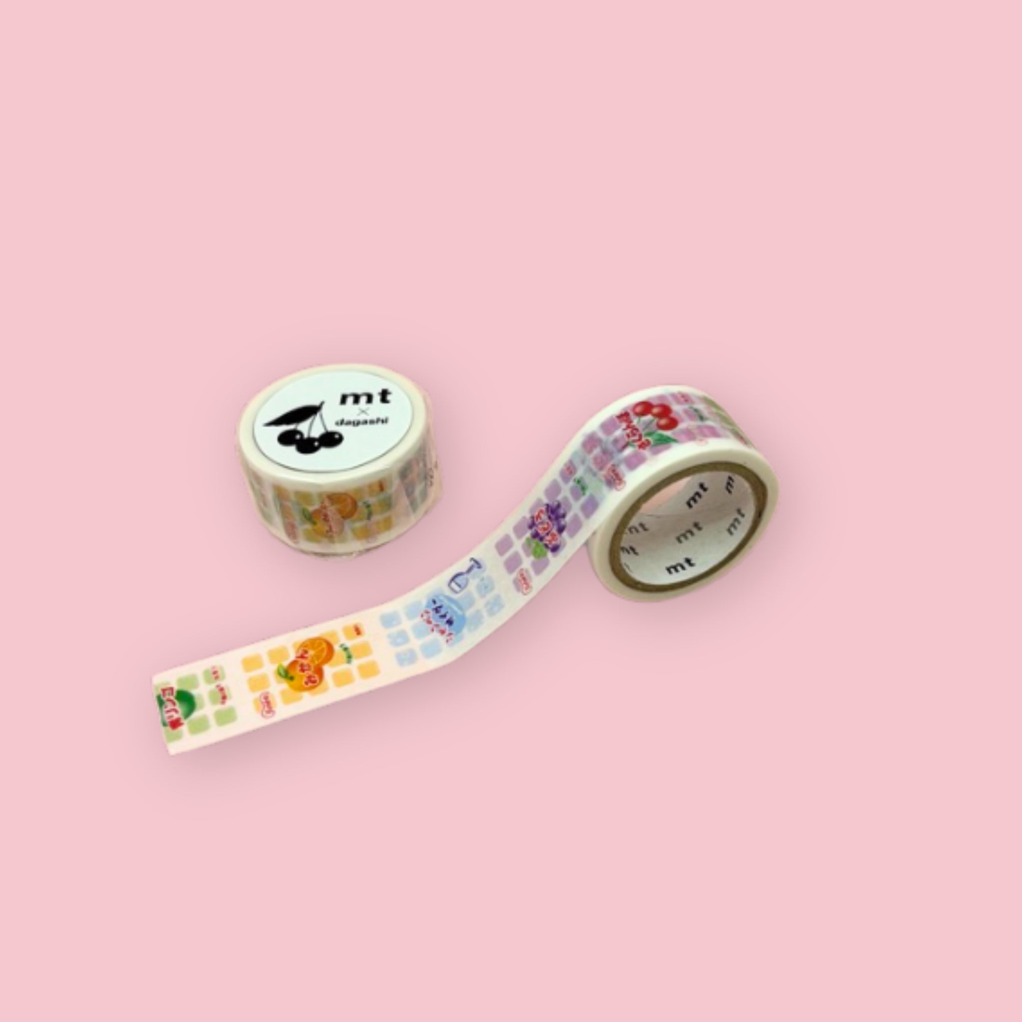 Two rolls of mt x Kyoshin Seika washi tape with colorful cherry mochi candy package designs on a pastel pink background.