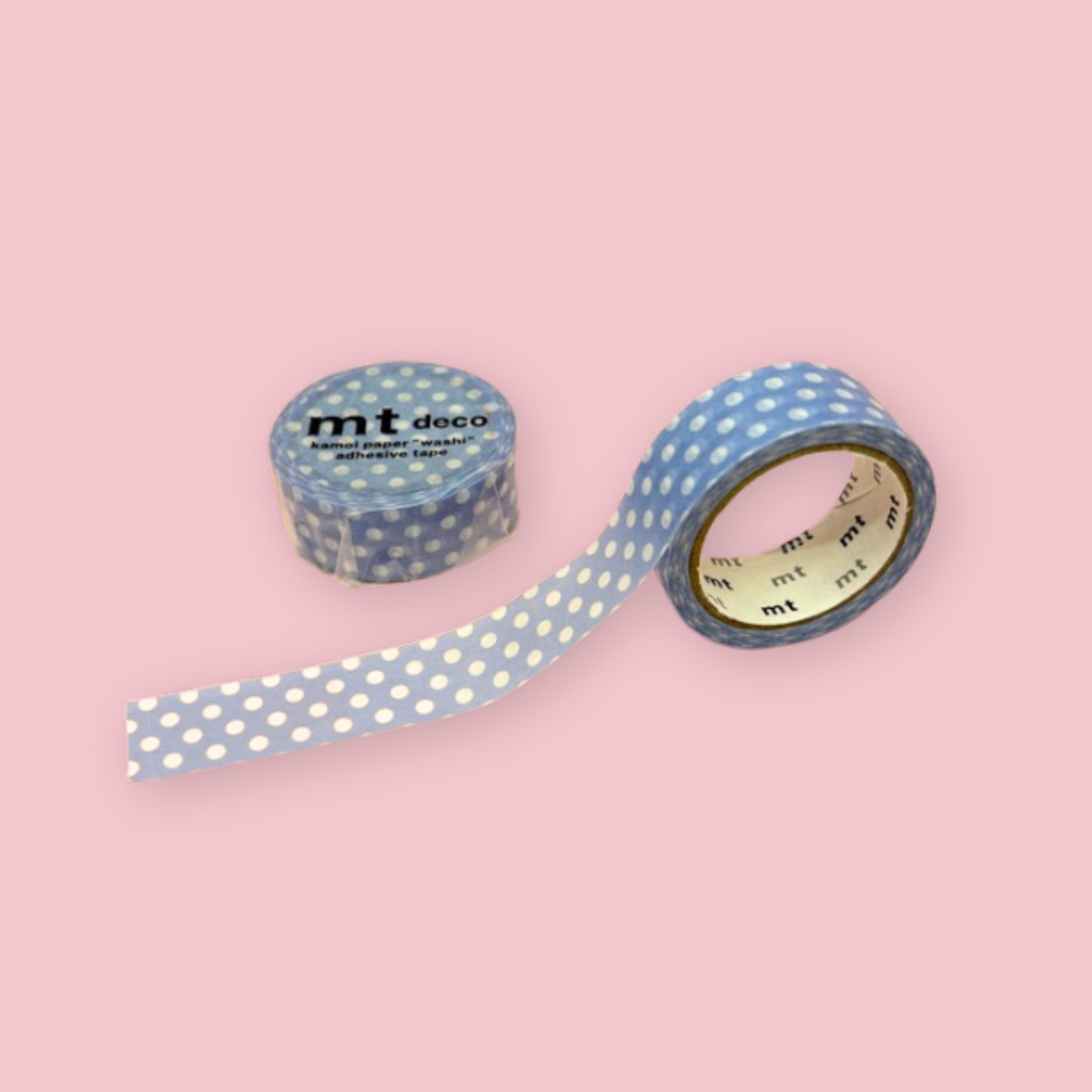 Two rolls of light blue-purple mt deco washi tape with a white polka dot pattern on a pastel pink background.