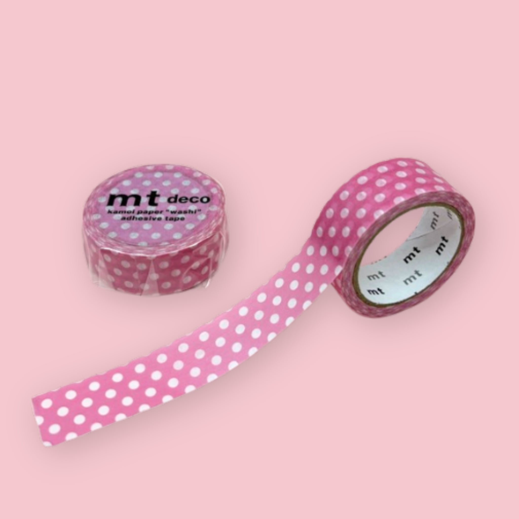Two rolls of pink mt deco washi tape with a white polka dot pattern on a pastel pink background.