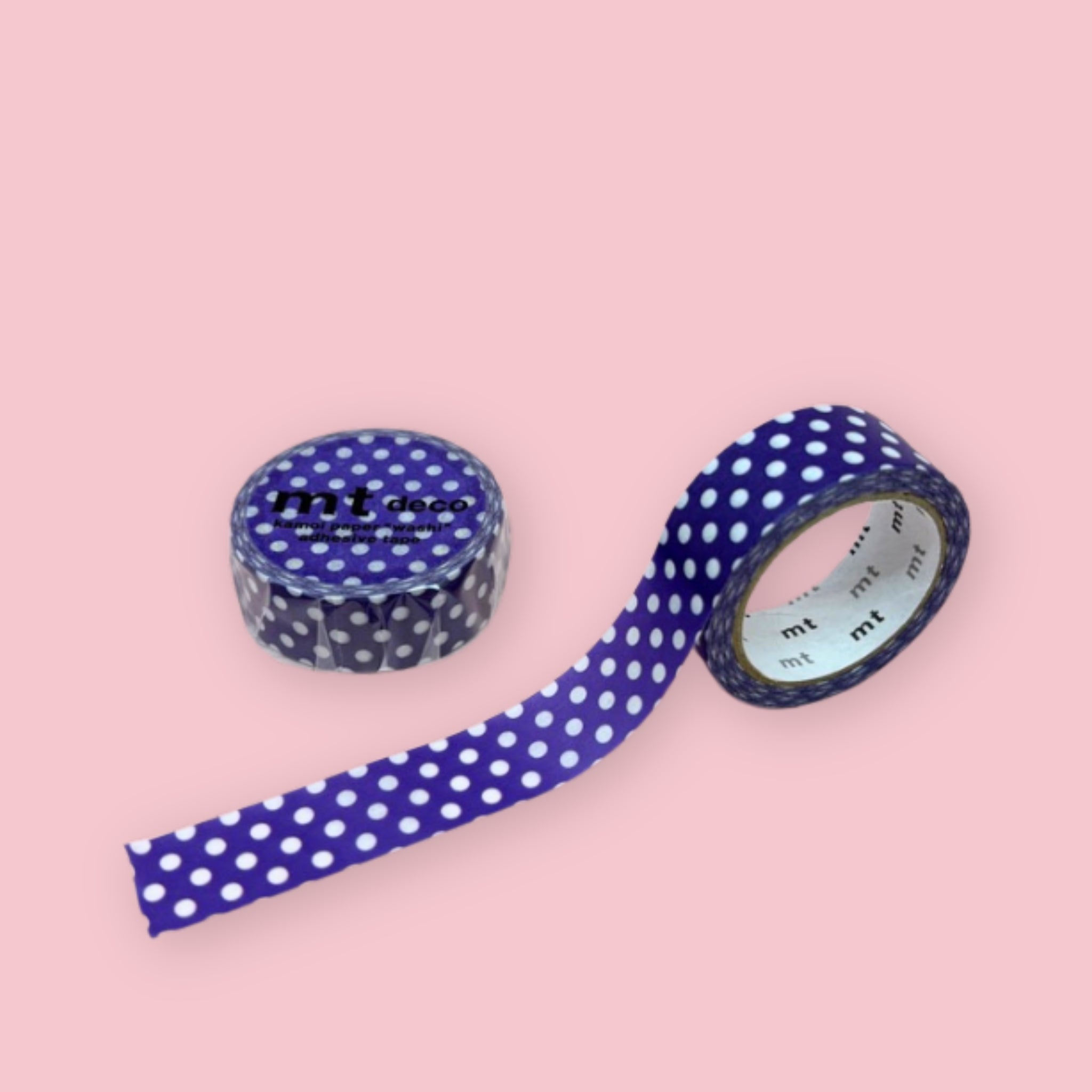 Two rolls of purple mt deco washi tape with a white polka dot pattern on a pastel pink background.