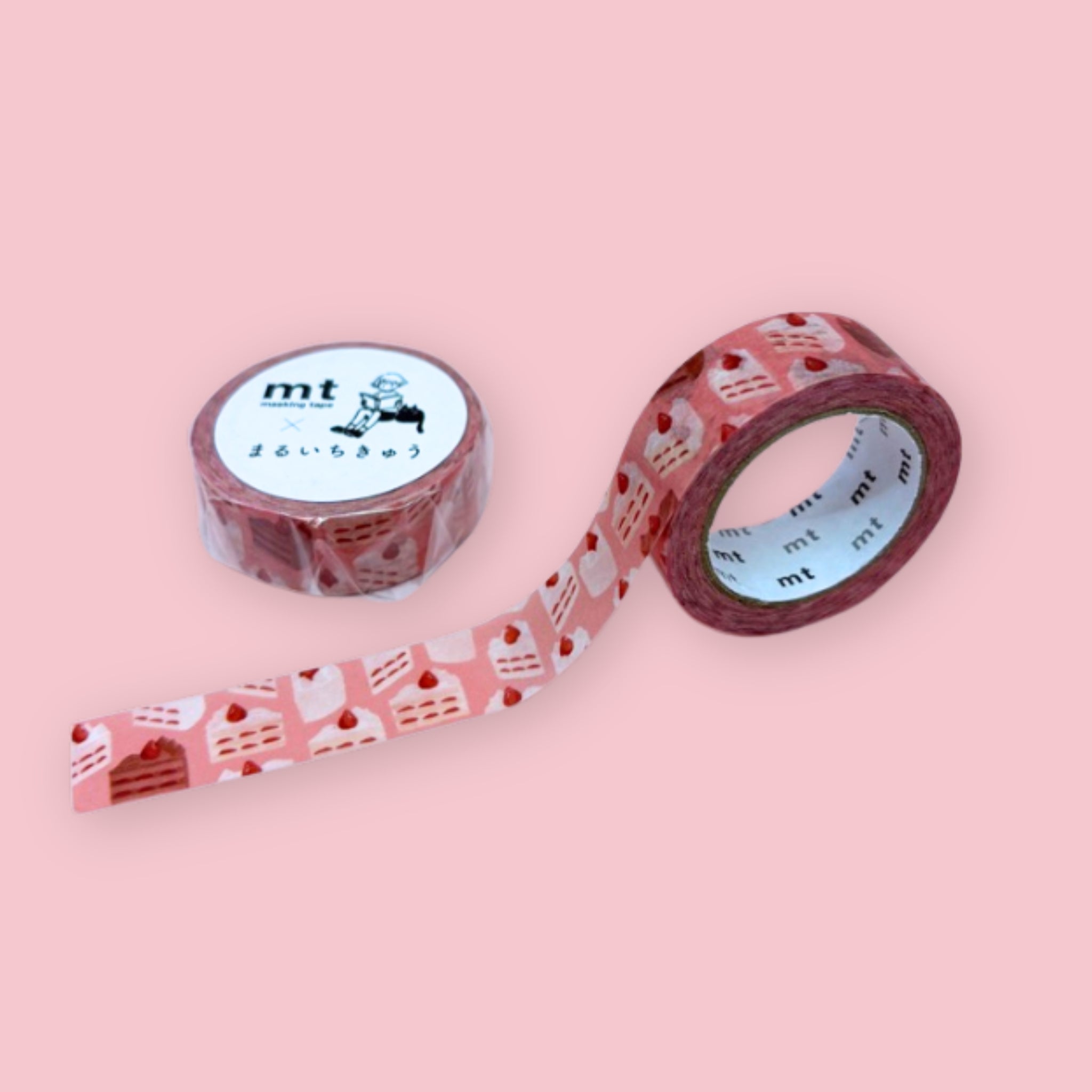 Two rolls of mt x Maruichikyu washi tape with strawberry shortcake slice illustrations and red strawberries on a pink background.