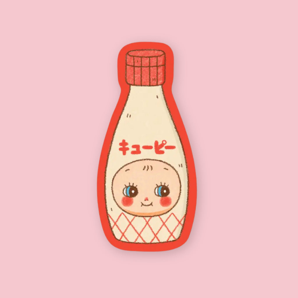 Natamori Kewpie Mayo vinyl sticker shaped like the Kewpie mayonnaise bottle character, with a blushing pink face and red katakana lettering, shown against a plain white background