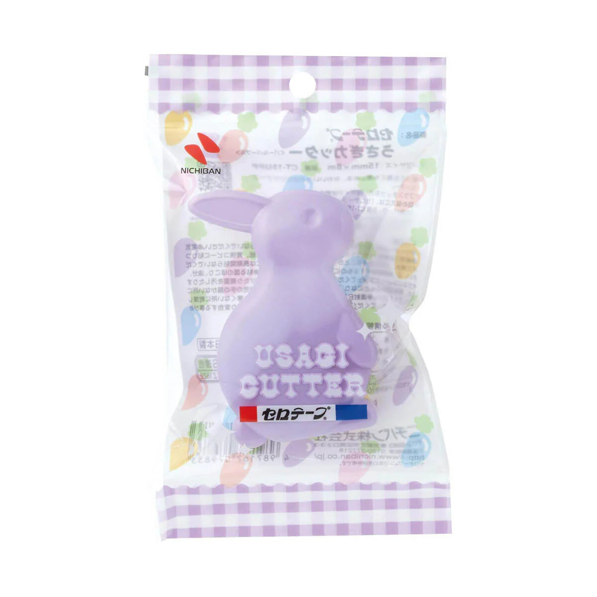 Lavender rabbit-shaped tape dispenser in a clear package with visible brand logos on a white background