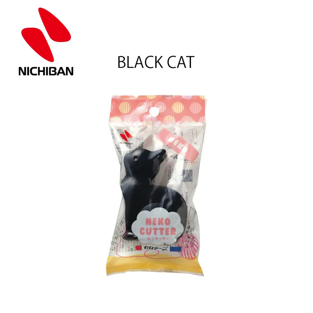 Packaged tape dispenser with a black cat design and 'NICHIBAN' branding on a white background