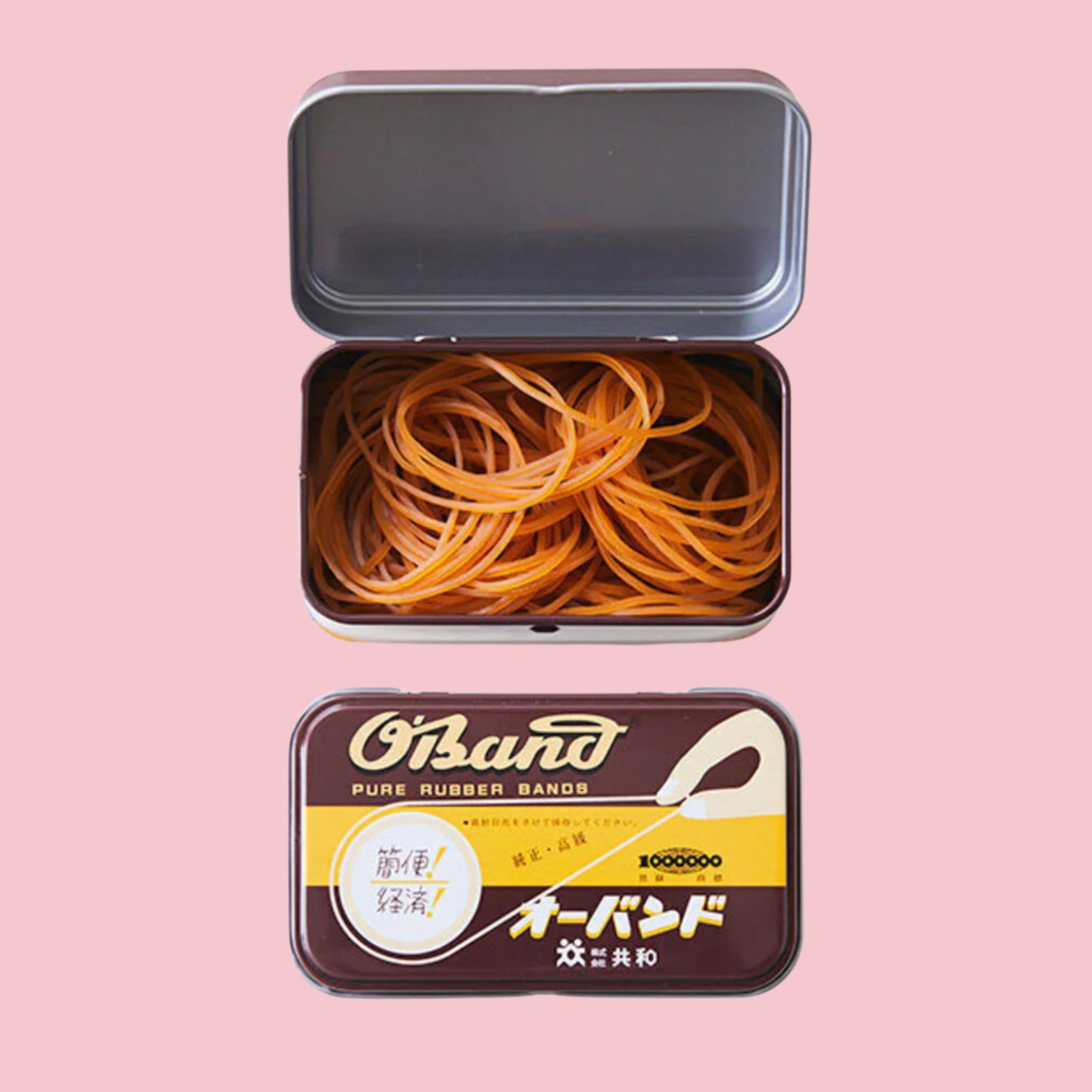 O-Band Classic No. 1 rubber bands in a metal storage tin with branded lid shown on a pink background