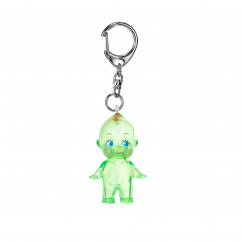 Green clear-color Obitsu Kewpie keychain with silver clip, shown on a white background.