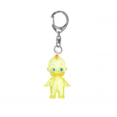 Yellow clear-color Obitsu Kewpie keychain with silver clip, shown on a white background.