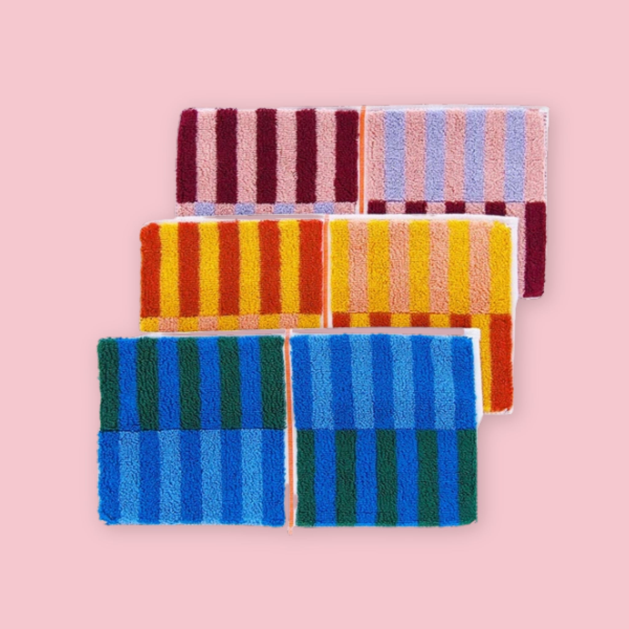 Otta Imabari Half Towel stripe pattern in multiple colorways including pink, burgundy, yellow, orange, blue and green, unfolded flat lay, Made in Japan