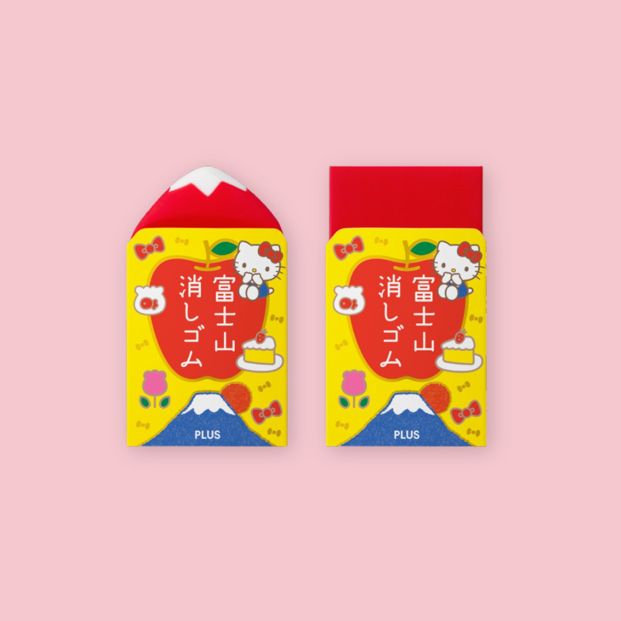 Two Plus Air-In Mt. Fuji erasers in Hello Kitty limited edition packaging, showing the Mt. Fuji-shaped white and red dual-layer eraser tops above yellow illustrated character packaging on a pink background