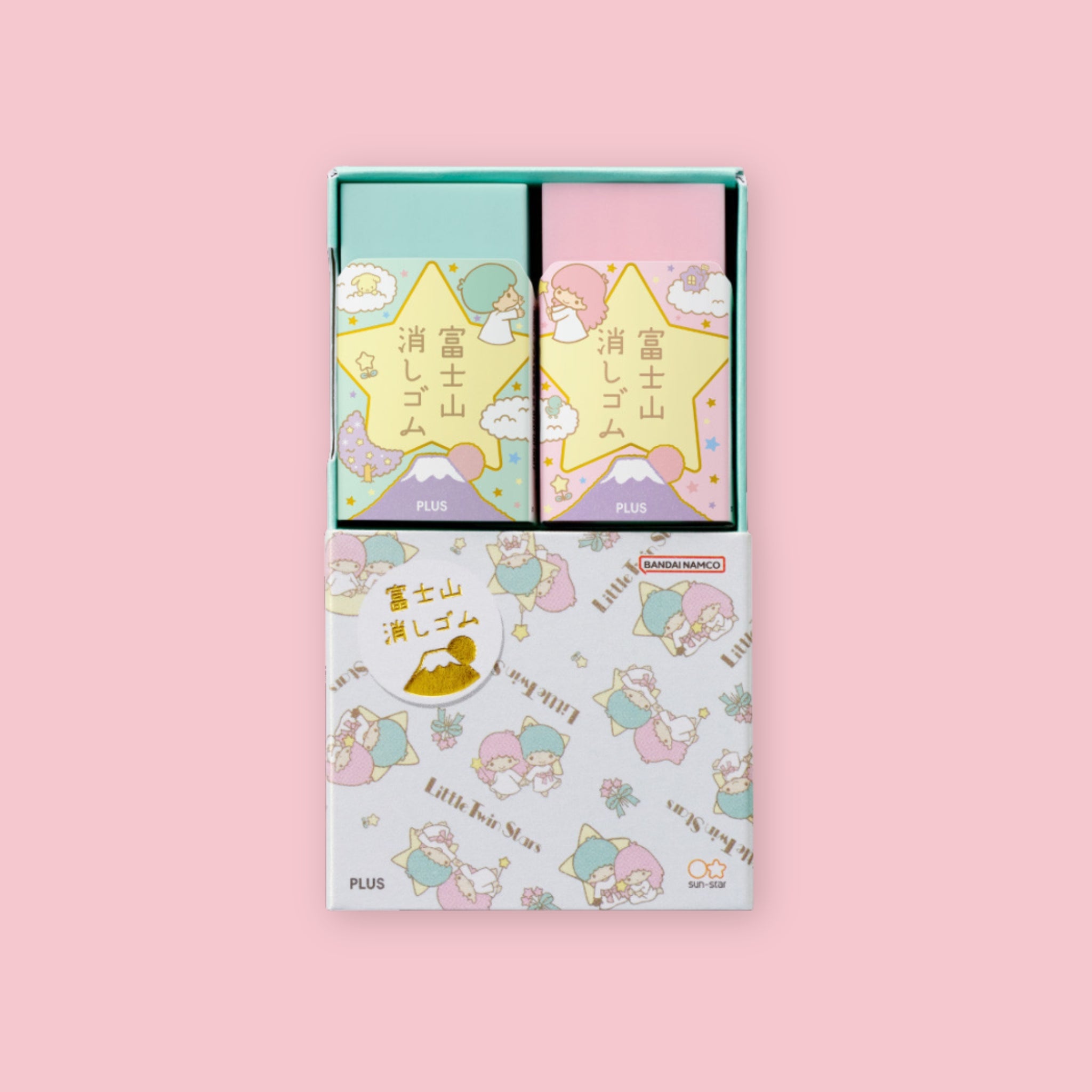 Plus Air-In Mt. Fuji Eraser two-pack in Little Twin Stars limited edition Sanrio foil-stamped packaging, showing individual eraser boxes in mint and pink with star-shaped character illustrations and outer display box on a pink background