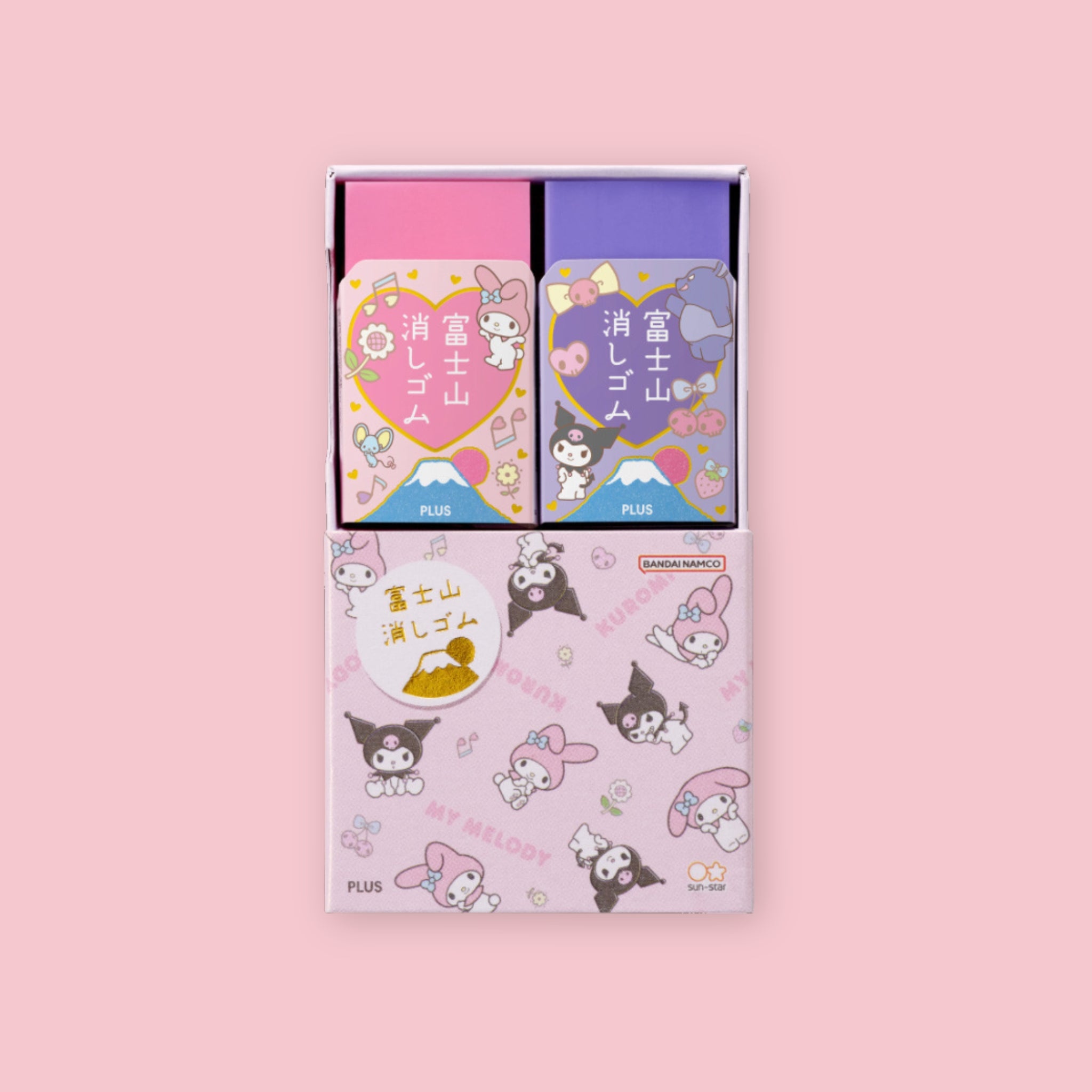 Plus Air-In Mt. Fuji Eraser two-pack in My Melody and Kuromi limited edition Sanrio foil-stamped packaging, showing individual eraser boxes in pink and purple with heart-shaped character illustrations and outer display box on a pink background