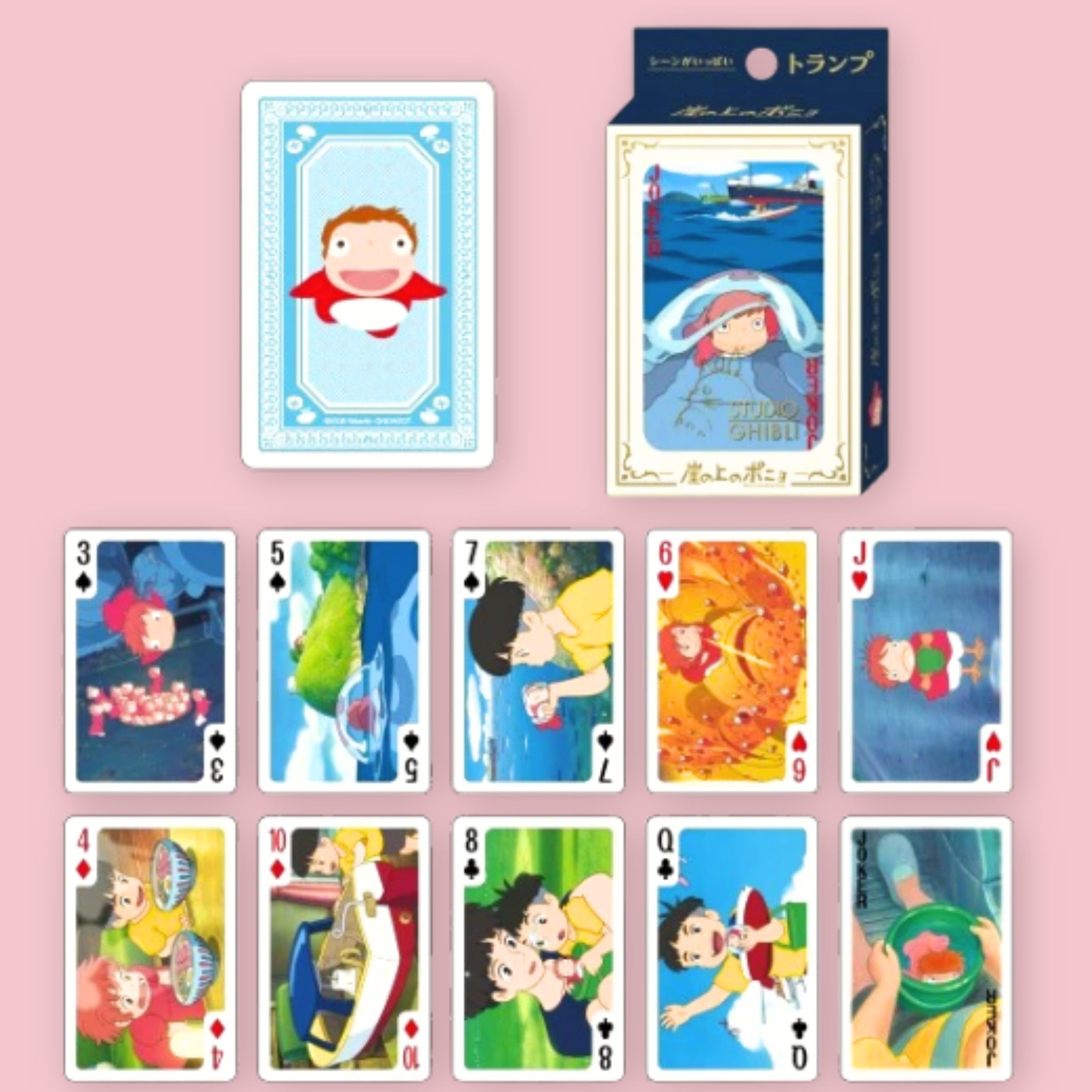 Studio Ghibli Ponyo playing cards with card box and a card back design featuring Ponyo, shown alongside an assortment of face cards illustrated with scenes from the film, against a pink background