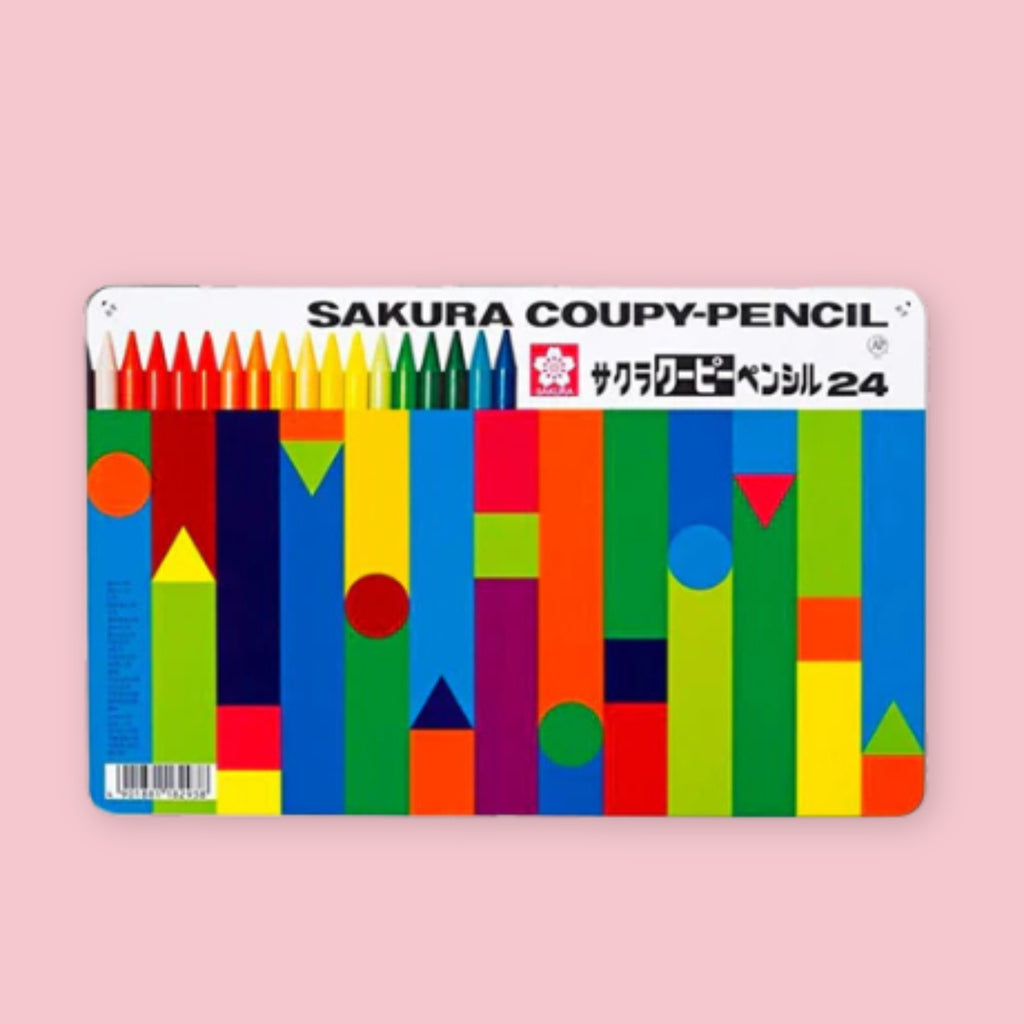 Sakura Coupy-Pencil set of 24 in a flat metal tin with colorful geometric block pattern design on a pink background
