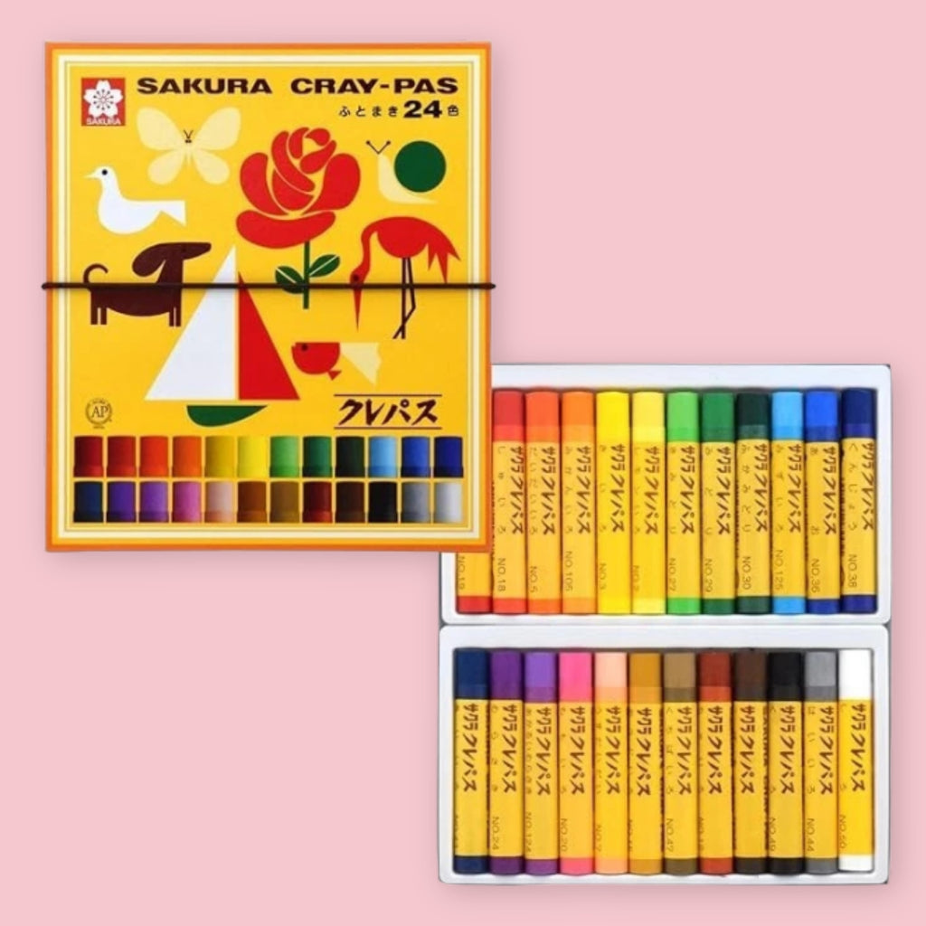 Sakura Cray-Pas 24-color oil pastel set showing the vintage-style illustrated box and two trays of colored pastels