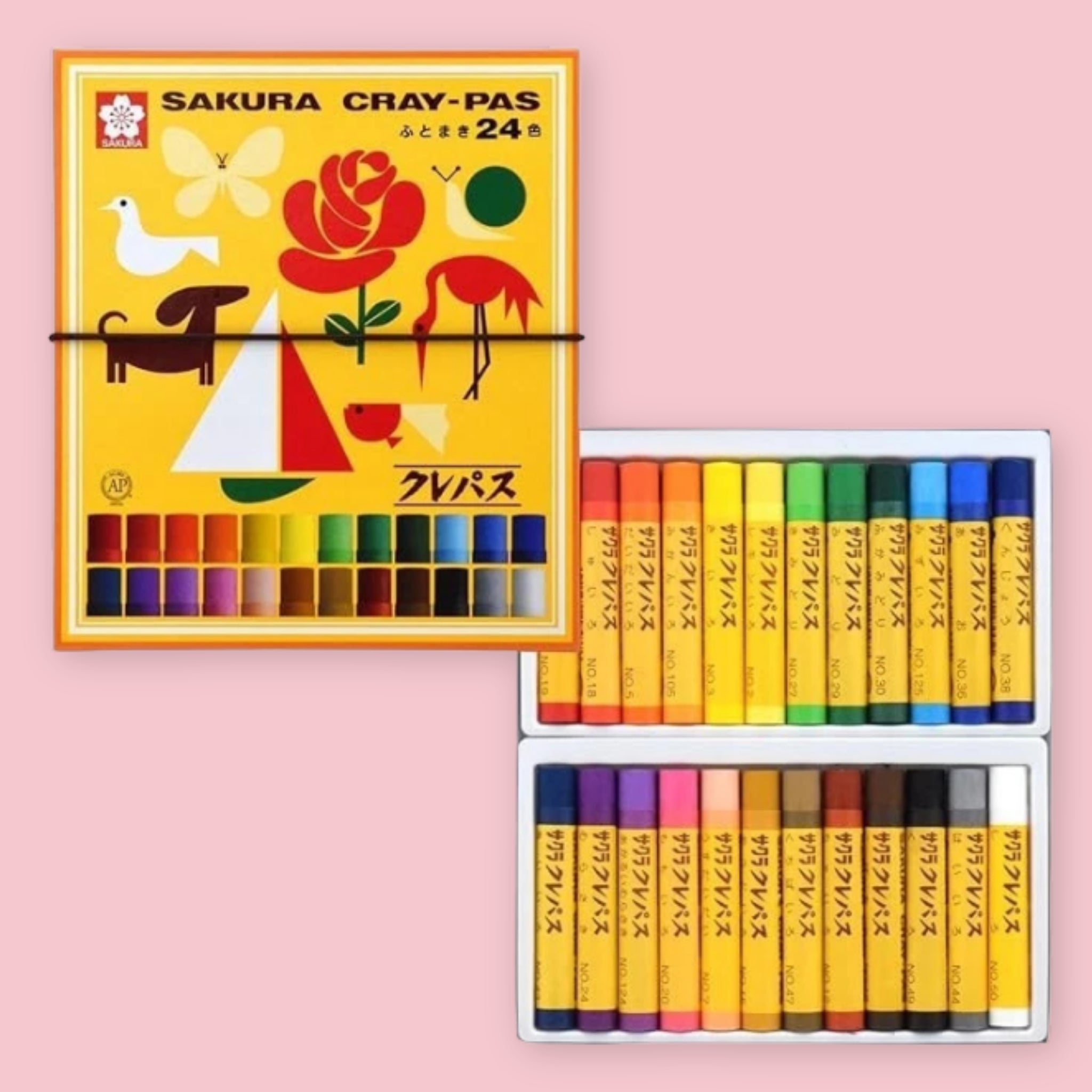 Sakura Cray-Pas 24-color oil pastel set showing the vintage-style illustrated box and two trays of colored pastels