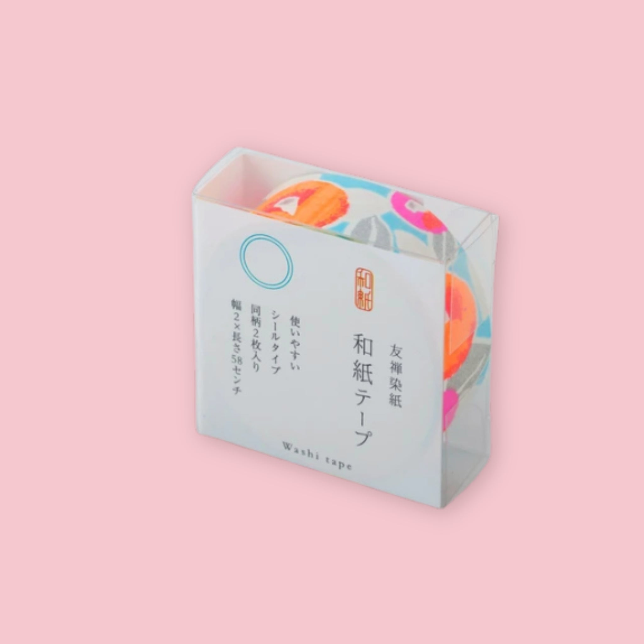 Shogado Yuzen Washi Tape package in a clear plastic box with neon floral tape roll visible inside, against a pink background