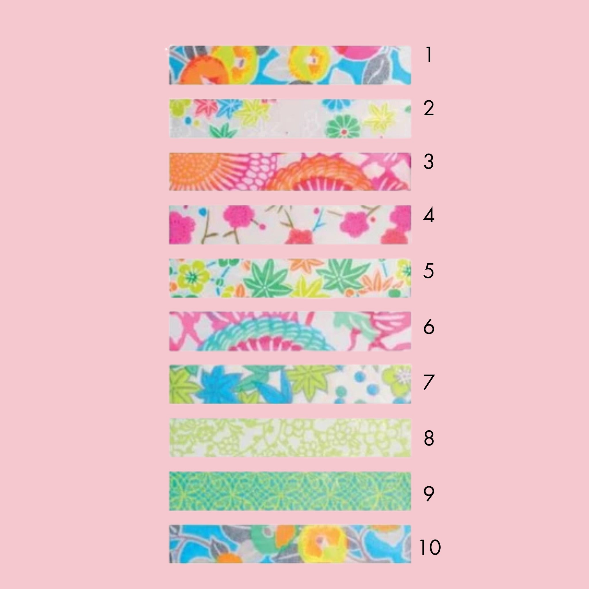 Ten Shogado Yuzen Washi Tape variants numbered 1 through 10, showing different neon floral patterns in pink, orange, blue, yellow, and green, against a pink background