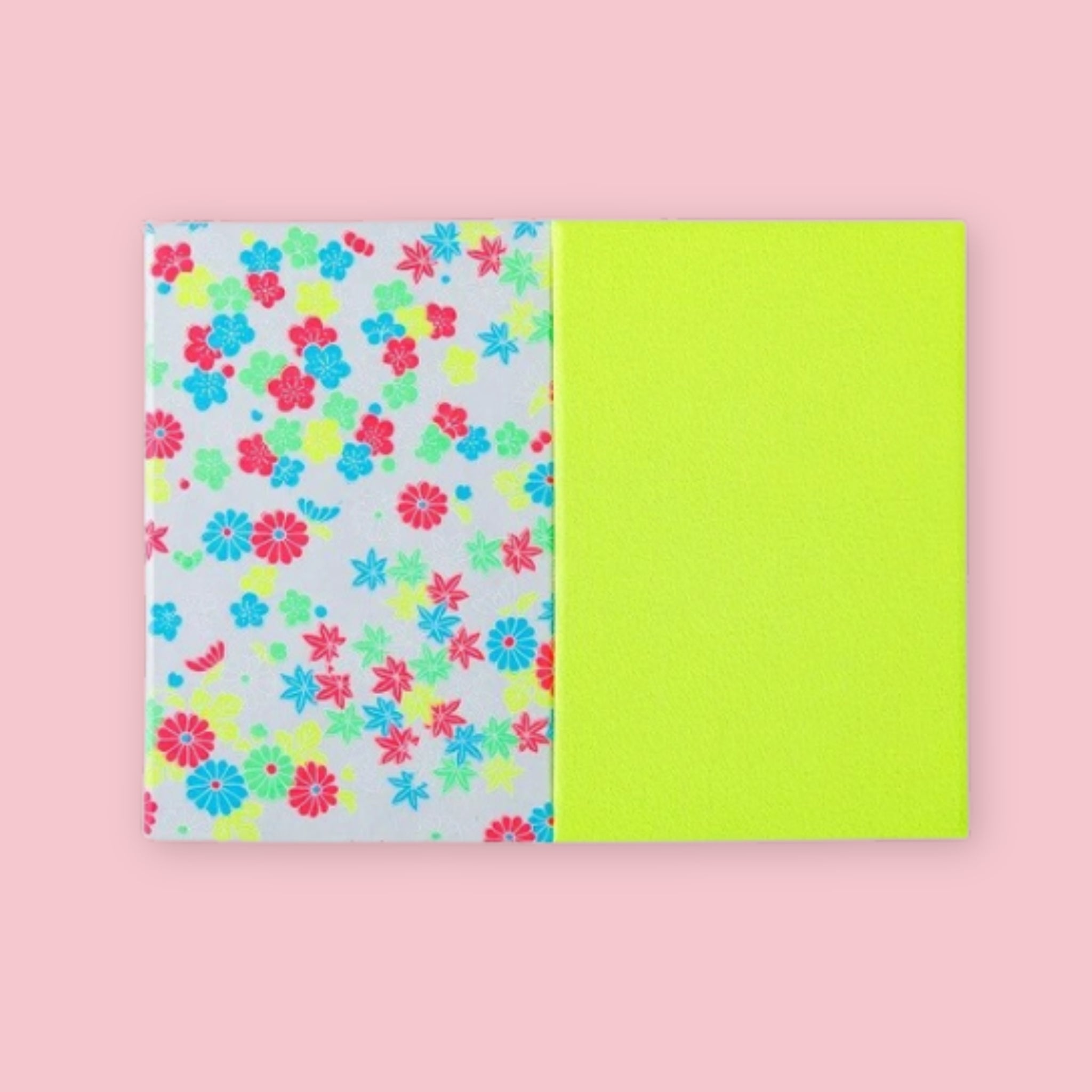 Shogado Goen Neon Japanese stamp book with neon mixed flowers yuzen washi paper cover, shown open with neon yellow back cover, Made in Japan