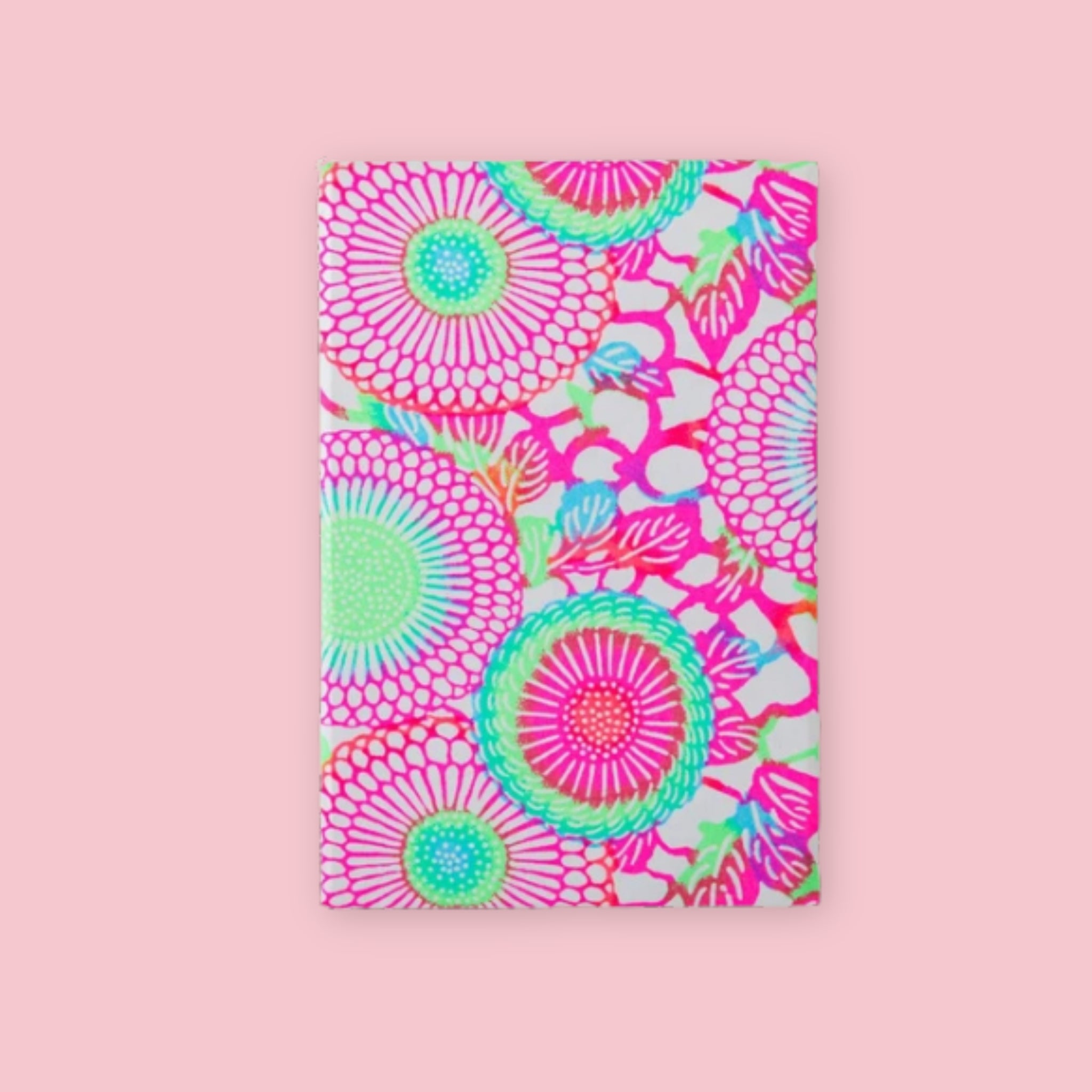 Shogado Goen Neon Japanese stamp book with neon pink sunflower yuzen washi paper cover, Made in Japan