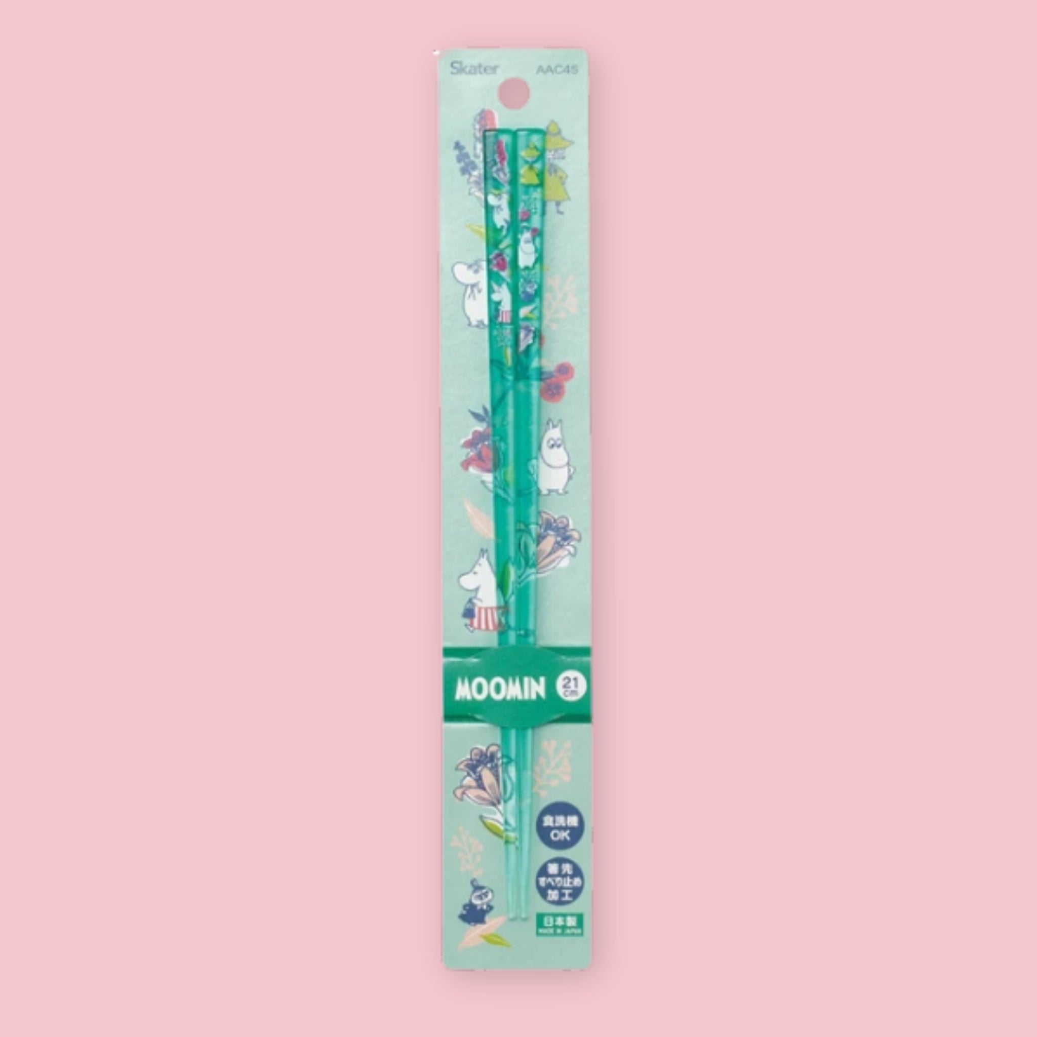 Transparent teal Moomin chopsticks decorated with small character illustrations in packaging on a pink background