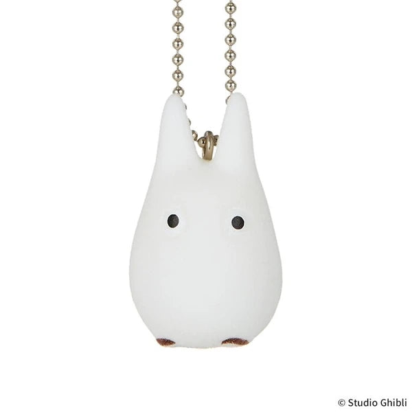 Studio Ghibli white Totoro flocked charm keychain with ball chain, shown on a white background.