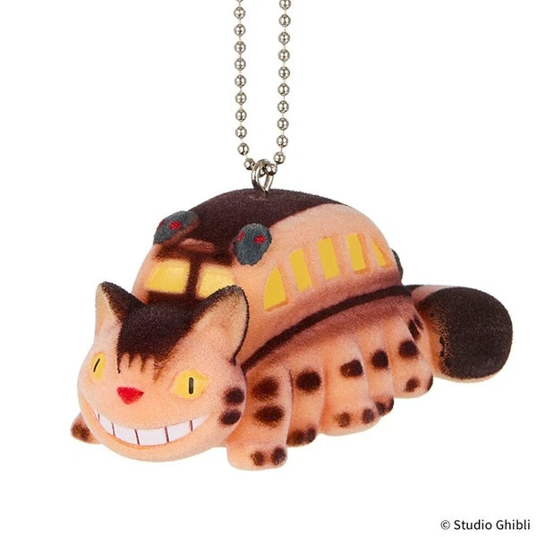 Studio Ghibli Catbus flocked charm keychain with ball chain, shown on a white background.
