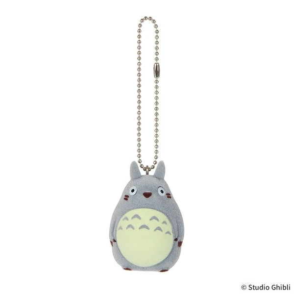 Studio Ghibli gray Totoro flocked charm keychain with ball chain, shown on a white background.